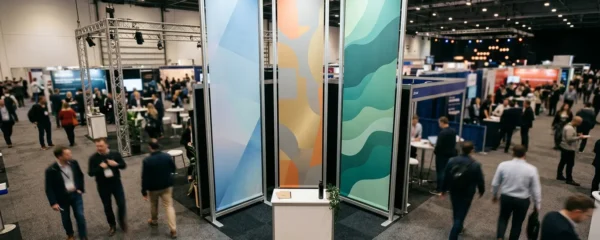 Stand d'exposition professionnel avec kakémonos verticaux suspendus créant un impact visuel en hauteur sur une surface au sol réduite