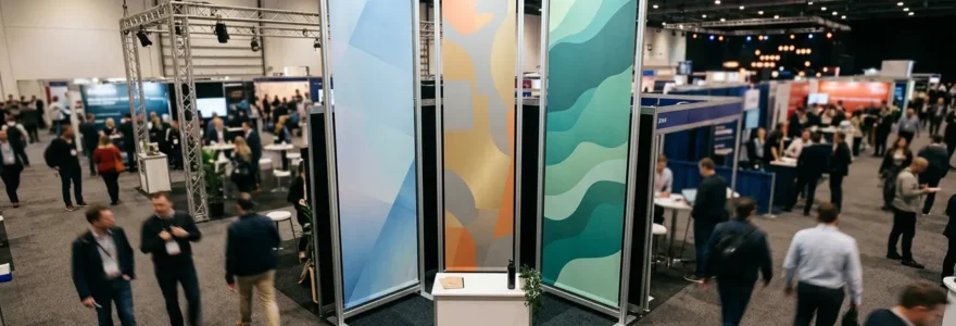 Stand d'exposition professionnel avec kakémonos verticaux suspendus créant un impact visuel en hauteur sur une surface au sol réduite