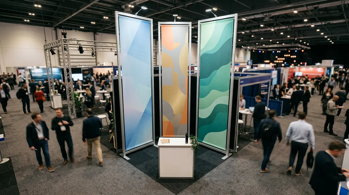 Stand d'exposition professionnel avec kakémonos verticaux suspendus créant un impact visuel en hauteur sur une surface au sol réduite