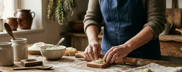 Scène artisanale montrant un producteur local travaillant avec authenticité et passion dans son environnement de création