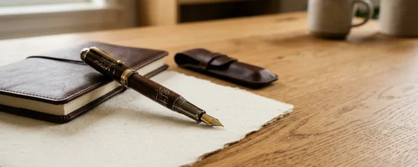 Stylo de prestige gravé posé sur du papier épais avec éclairage naturel doux