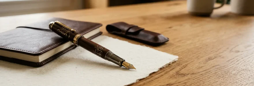 Stylo de prestige gravé posé sur du papier épais avec éclairage naturel doux