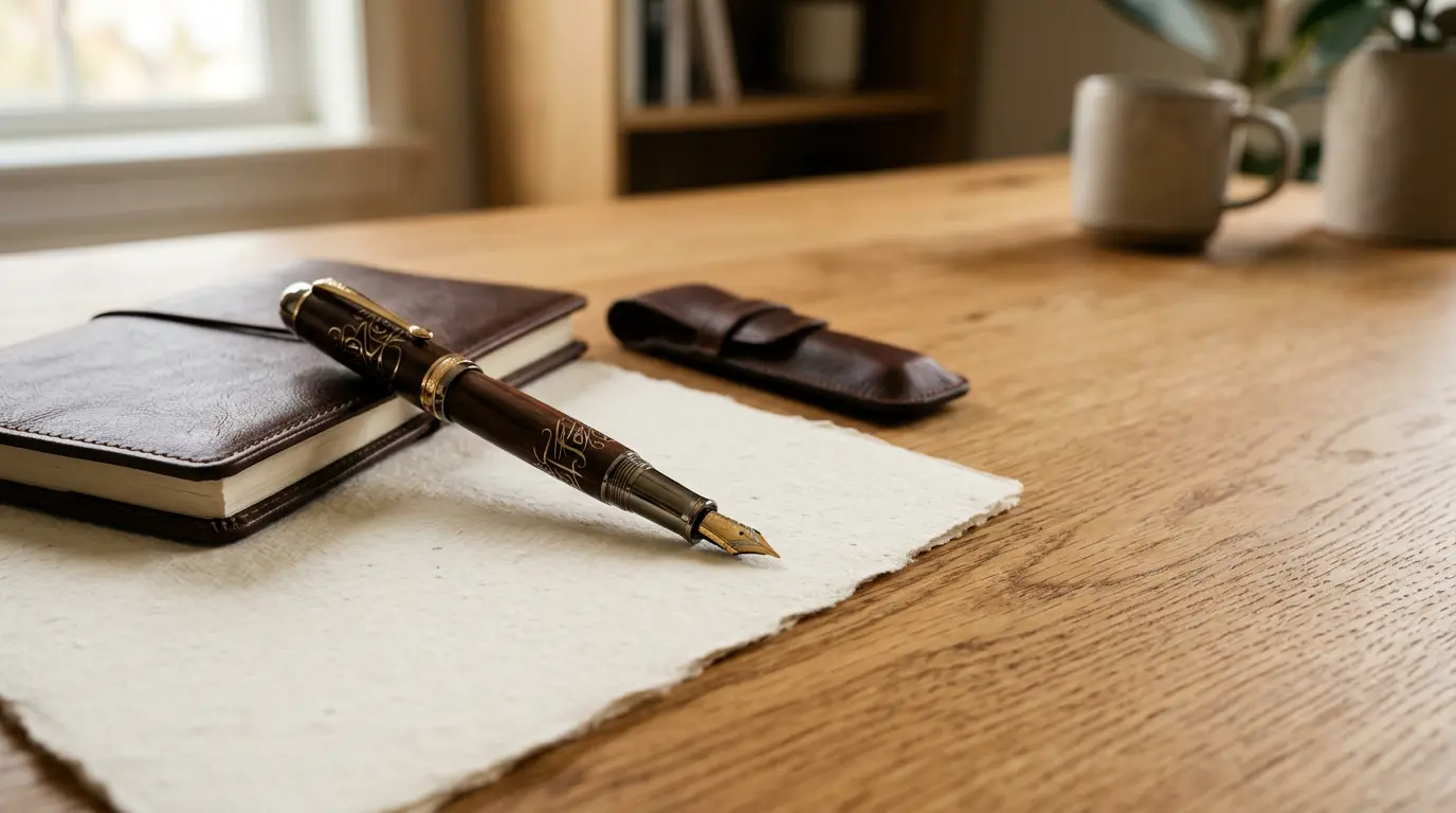 Stylo de prestige gravé posé sur du papier épais avec éclairage naturel doux