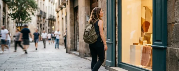 Passant en mouvement ralentissant devant une vitrine de commerce, sur le point de franchir la porte d'entrée