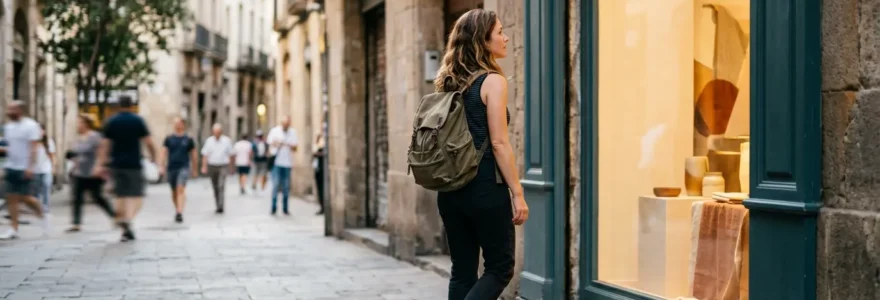 Passant en mouvement ralentissant devant une vitrine de commerce, sur le point de franchir la porte d'entrée