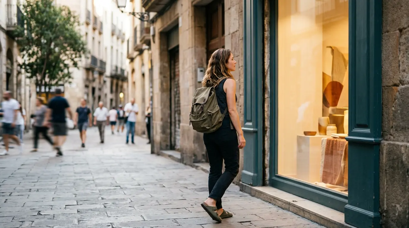 Passant en mouvement ralentissant devant une vitrine de commerce, sur le point de franchir la porte d'entrée