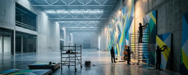 Espace événementiel immersif transformé avec covering mural complet créant une expérience de marque totale