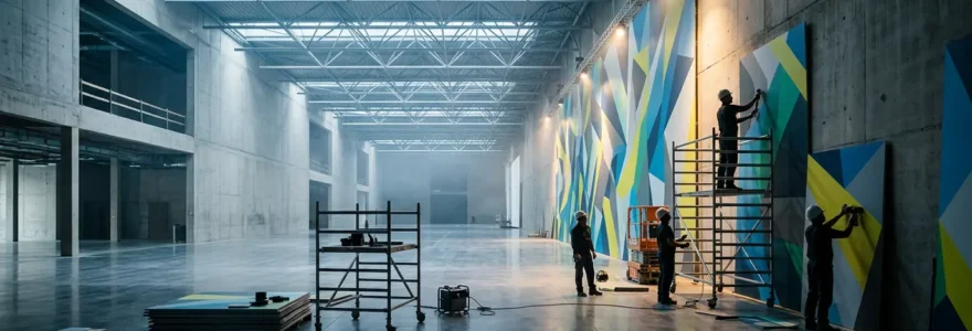 Espace événementiel immersif transformé avec covering mural complet créant une expérience de marque totale