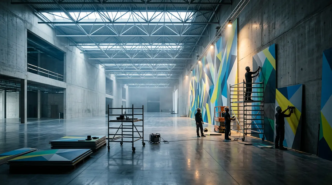 Espace événementiel immersif transformé avec covering mural complet créant une expérience de marque totale