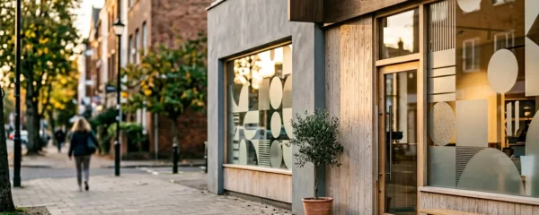 Devanture de commerce moderne avec vitrine transformee par signaletique professionnelle