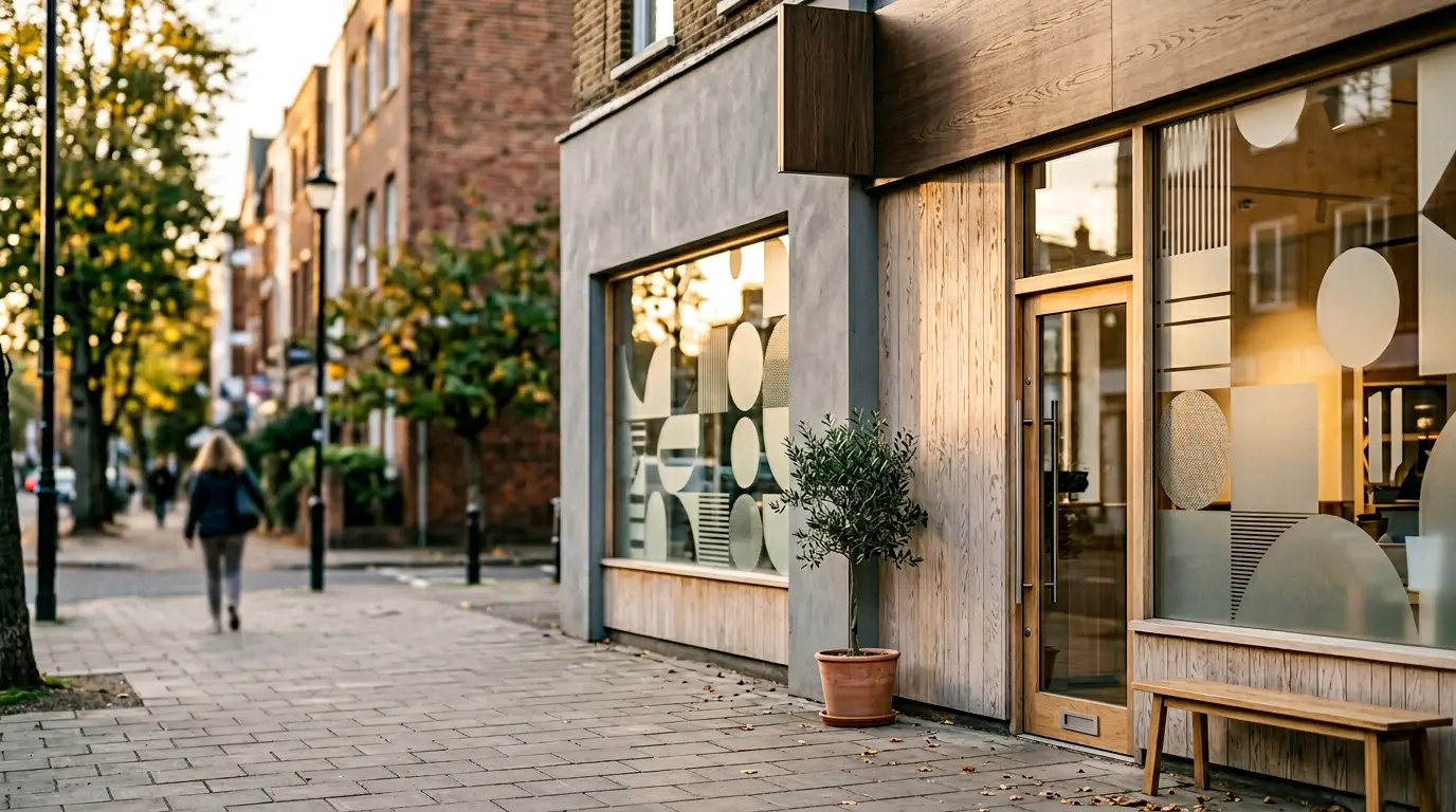 Devanture de commerce moderne avec vitrine transformee par signaletique professionnelle
