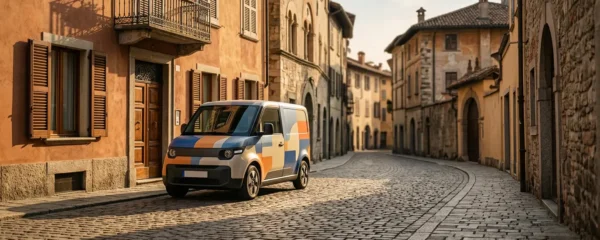 Vehicule utilitaire electrique au design moderne stationne dans une rue pietonne pavee de centre-ville historique