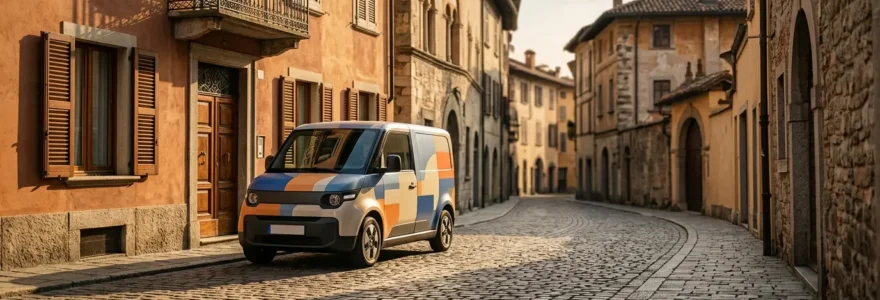 Vehicule utilitaire electrique au design moderne stationne dans une rue pietonne pavee de centre-ville historique
