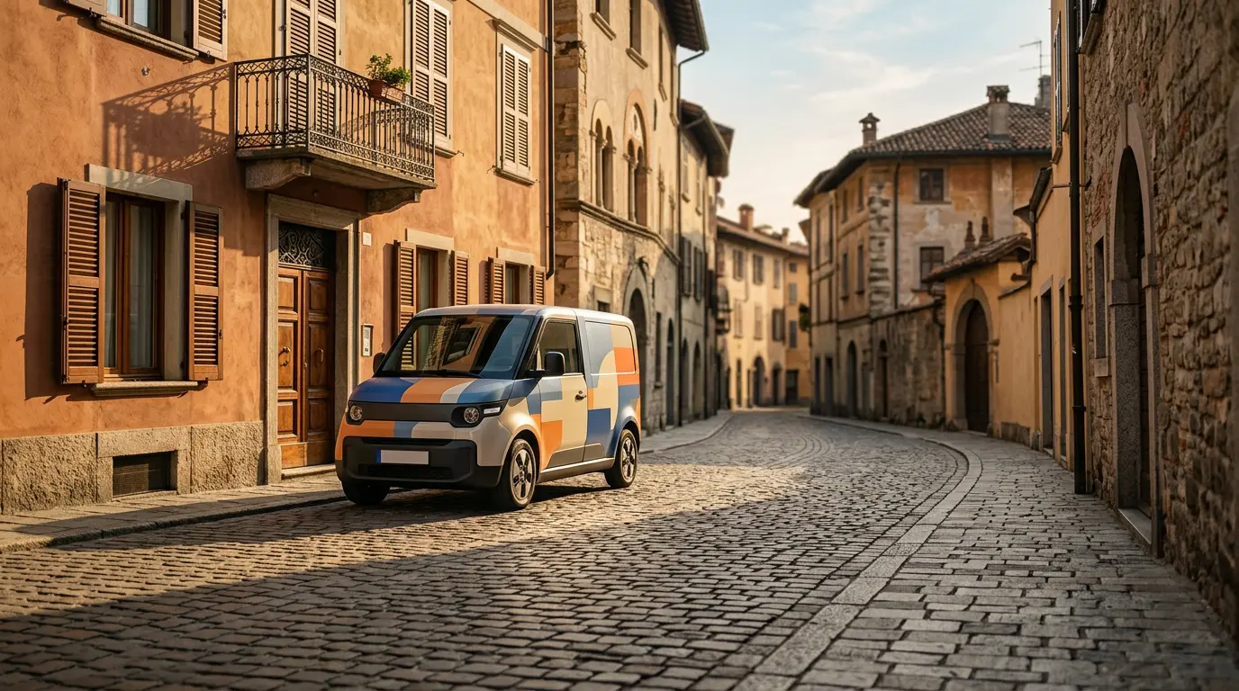 Vehicule utilitaire electrique au design moderne stationne dans une rue pietonne pavee de centre-ville historique