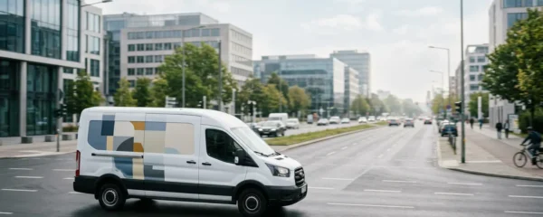 Véhicule utilitaire professionnel circulant en zone urbaine avec habillage publicitaire visible