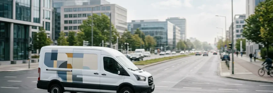 Véhicule utilitaire professionnel circulant en zone urbaine avec habillage publicitaire visible