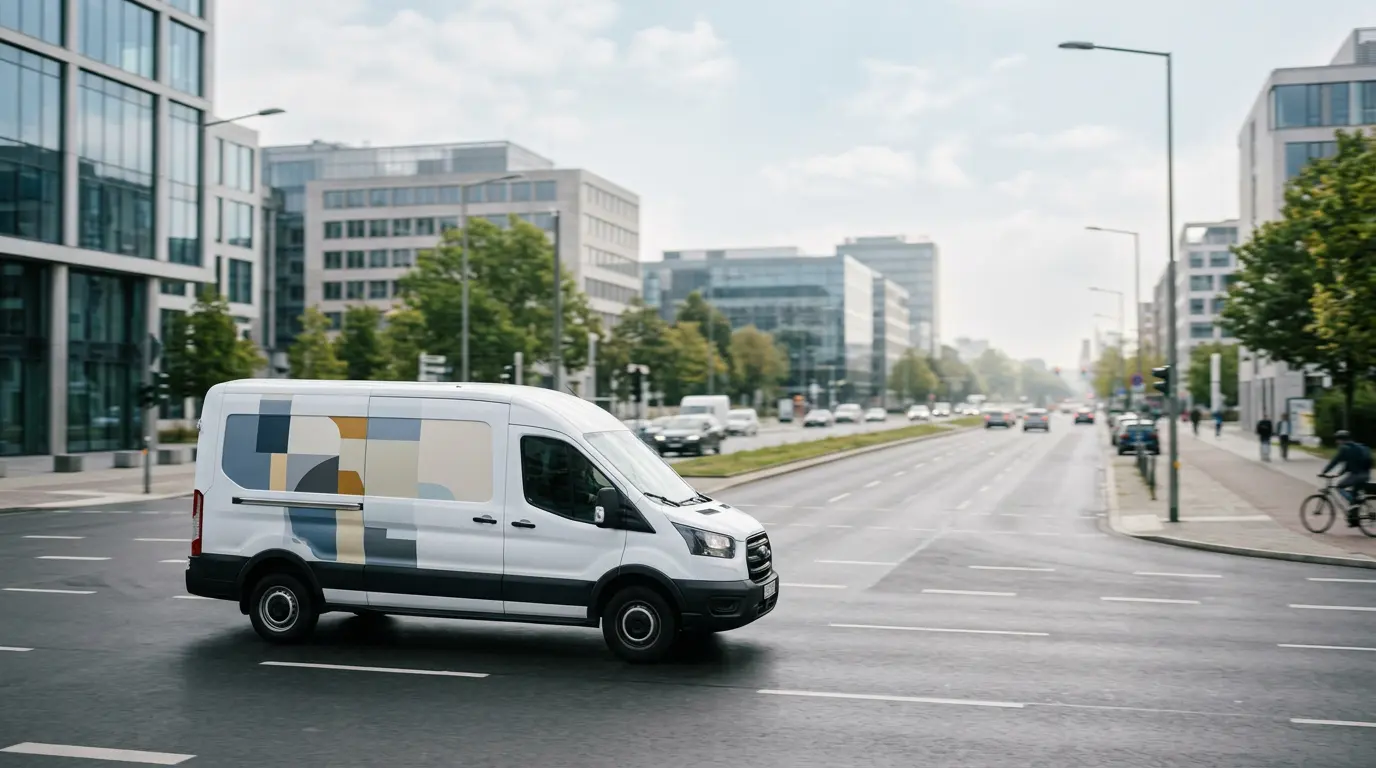 Véhicule utilitaire professionnel circulant en zone urbaine avec habillage publicitaire visible