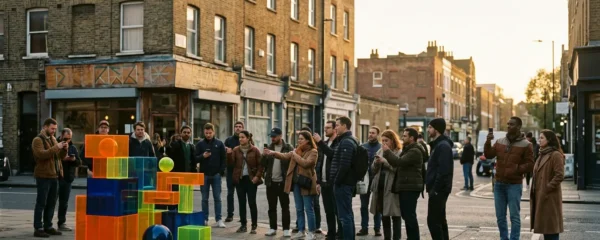 Action de street marketing viral dans un quartier urbain avec interaction spontanée des passants