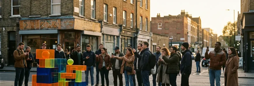 Action de street marketing viral dans un quartier urbain avec interaction spontanée des passants