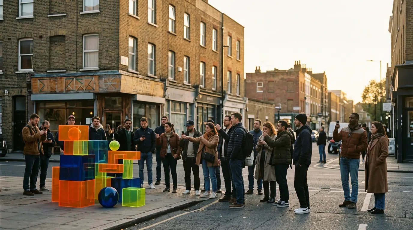 Action de street marketing viral dans un quartier urbain avec interaction spontanée des passants
