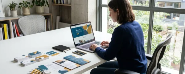 Espace de travail design avec supports de communication harmonisés : cartes de visite alignées, nuancier couleurs, maquettes imprimées et écran d'ordinateur affichant site web aux codes graphiques cohérents, sur bureau blanc contemporain
