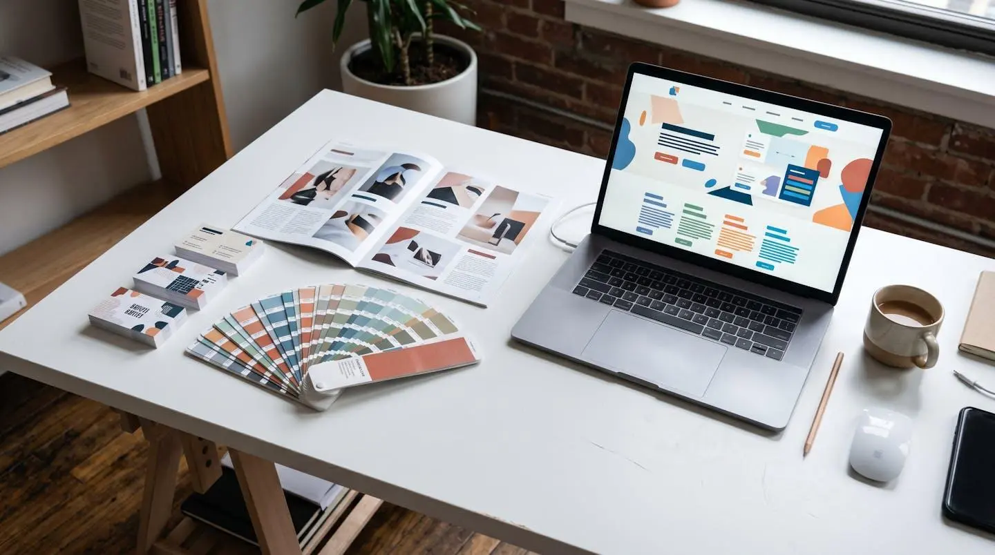Espace de travail design avec supports de communication harmonisés : cartes de visite alignées, nuancier couleurs, maquettes imprimées et écran d'ordinateur affichant site web aux codes graphiques cohérents, sur bureau blanc contemporain